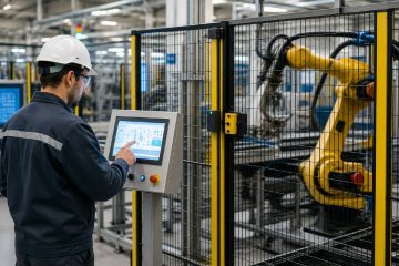 operatore e robot industriale in fabbrica