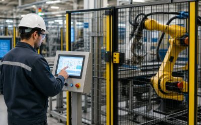 operatore e robot industriale in fabbrica