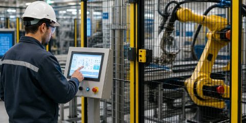 operatore e robot industriale in fabbrica