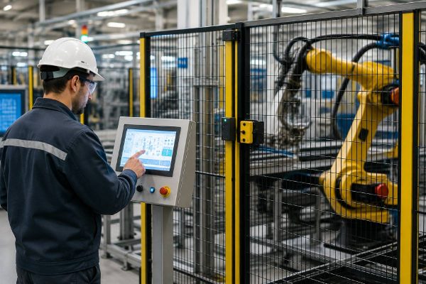 operatore e robot industriale in fabbrica