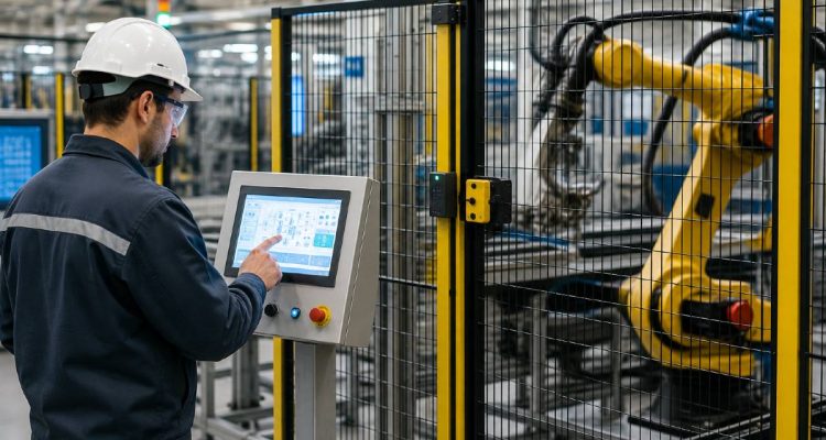 operatore e robot industriale in fabbrica